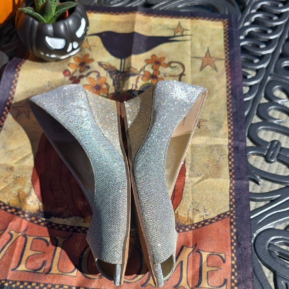 Shimmering Gold Peep-Toe Wedges